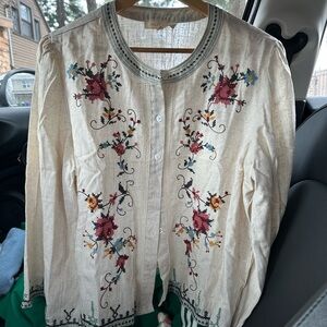 Solitaire Cream Embroidered Button-Up Top with Blue-Green Trim